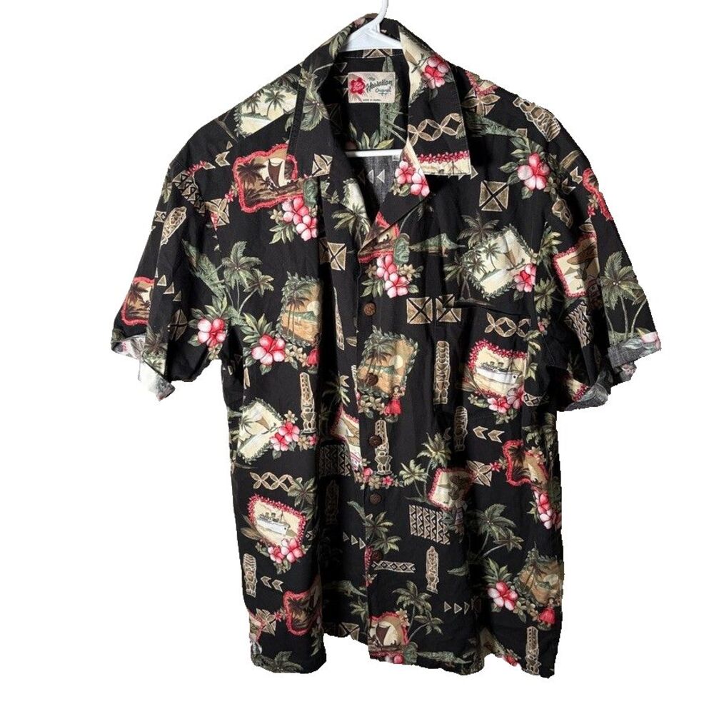 Hilo Hattie Hawaiian Shirt Men's Large Black Floral Button Down Short Sleeve
